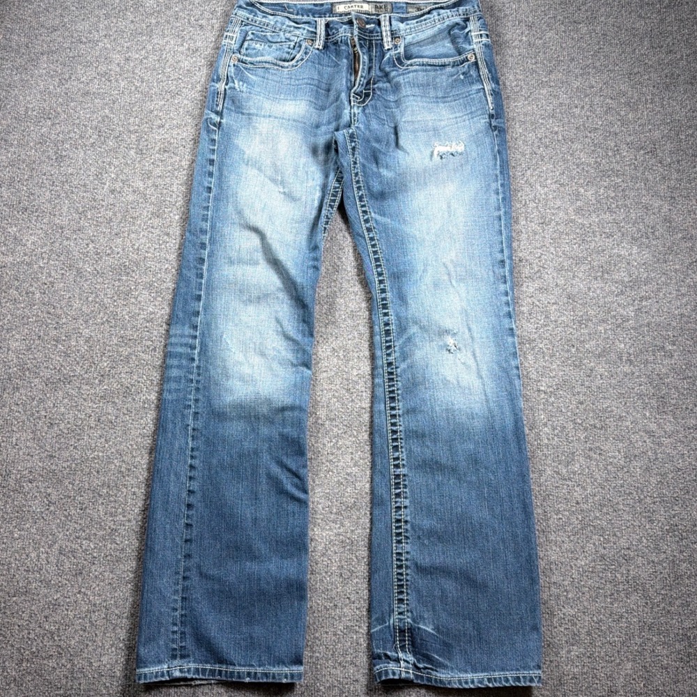 BKE Carter Jeans Mens 32L Blue Relaxed Fit Distressed Heavy Stitch 32x32